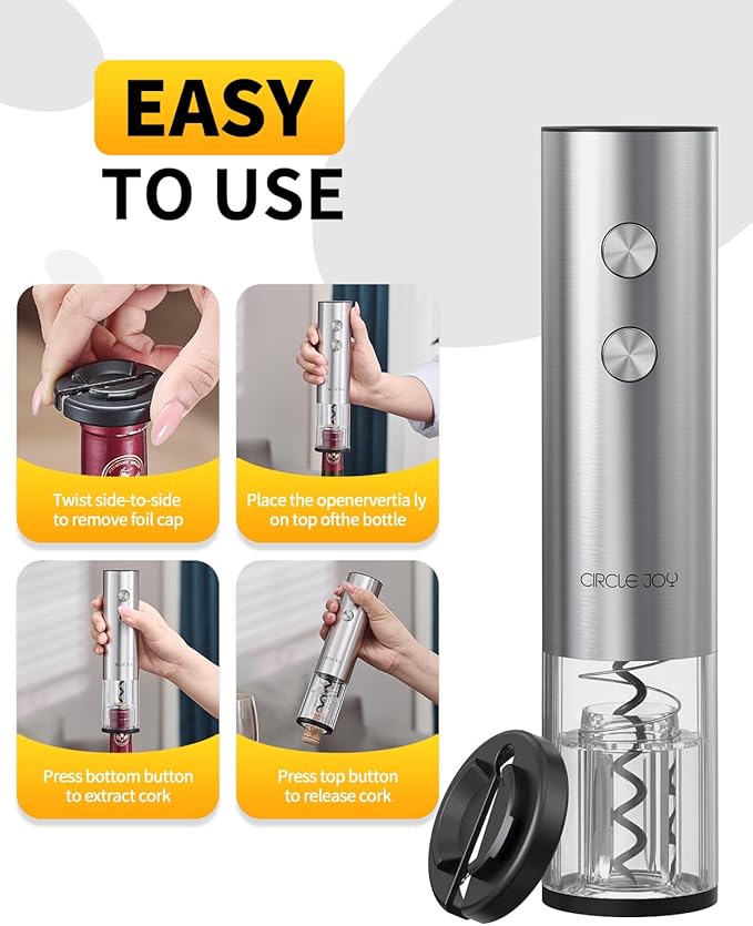 CIRCLE JOY Electric Wine Opener Rechargeable 5-in-1 Stainless Steel Wine Bottle Opener Premium Gift Set with Foil Cutter, Wine Aerator Pourer, Wine Drip Ring & Vacuum Stopper for Wine Lovers