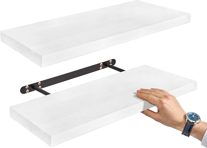 Sorbus Wood Floating Shelves for Wall - 24” Solid Wood Wall Shelves for Bathroom Decor, Books, Bedroom & Living Room - Set of 2 White Mounted Kitchen Shelves - Durable Solid Pine