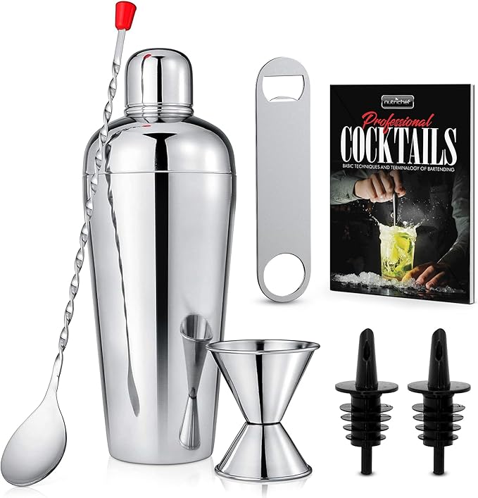 NutriChef Bartender Set 7 Piece - Includes Cocktail Shaker Mixer, Essential Bar Accessories, 2 Bottle Pourers, Bar Mixer Spoon, Jigger & 50 Recipe Booklet - Essential Martini Making Kit - Drink Mixing