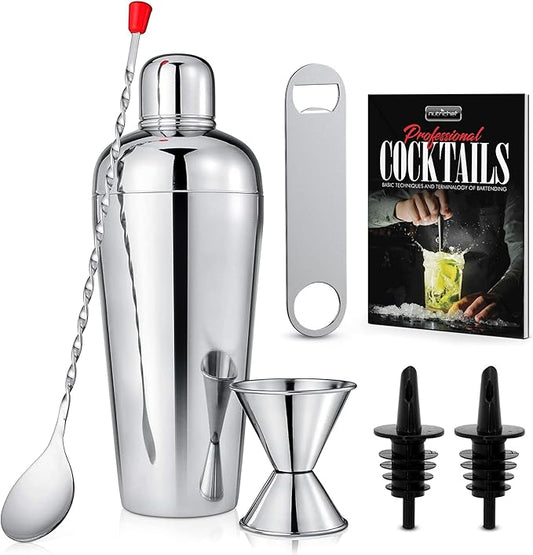 NutriChef Bartender Set 7 Piece - Includes Cocktail Shaker Mixer, Essential Bar Accessories, 2 Bottle Pourers, Bar Mixer Spoon, Jigger & 50 Recipe Booklet - Essential Martini Making Kit - Drink Mixing