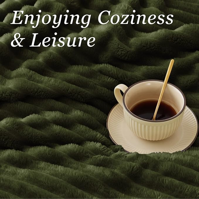 BEDELITE Fleece Throw Blanket for Couch - 300GSM Soft & Warm Fluffy Olive Green Blanket, Decorative and Giftable Striped Blankets for Women, Men, 50"x60"