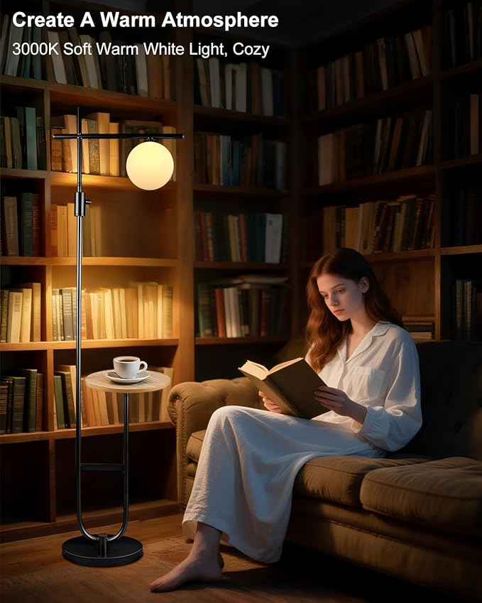 Lightdot 66IN Black Dimmable Floor Lamps with Storage Table, Modern Standing Tall Lamp with Milky White Globe Lampshade, Cross-Shaped Lamp Head and U-Pole Base Style for Living Room/Bedroom/Office