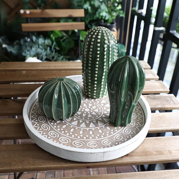 Boho Round Wooden Decorative Tray, White Farmhouse Candles Tray for Home Decor, A Pattern