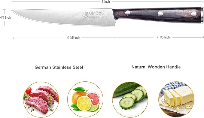 High-end Steak Knives Set of 6, Gift Box - Black Natural Wooden Handle, German Stainless Steel - Straight Edge Non Serrated - 4.8''Dinner Knife, Kitchen Tableware Knives Cutlery Set