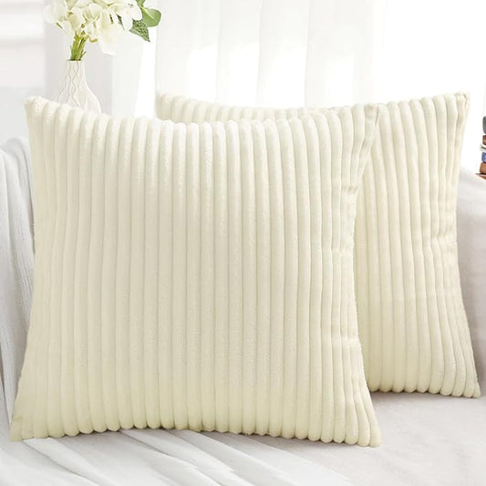 Simmore Decorative Fall Throw Pillow Covers 16x16 Set of 2, Soft Natural Plush Flannel Double-Sided Fluffy Couch Pillow Covers for Sofa Living Room, Beige