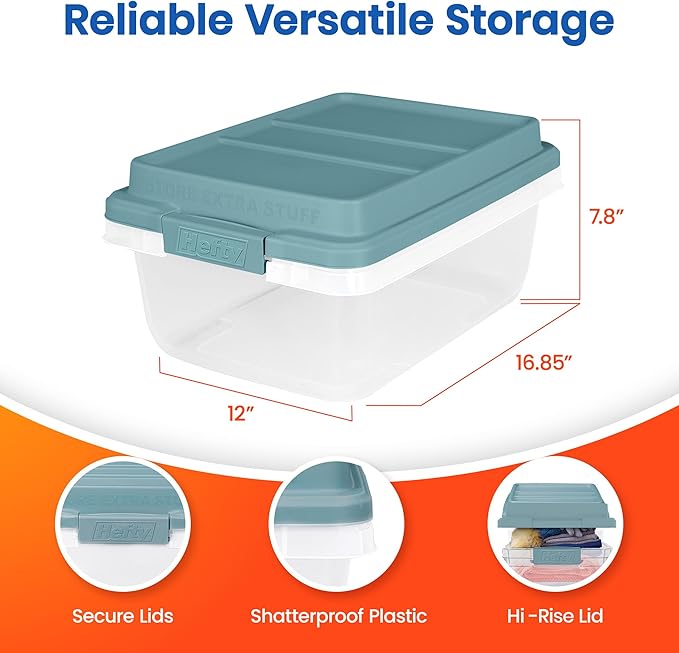Hefty 18 Quart Hi-Rise Storage Bin with Lid, Stackable Plastic Container for Home, Office, and Classroom Organization, 8 Pack, Smoke Blue