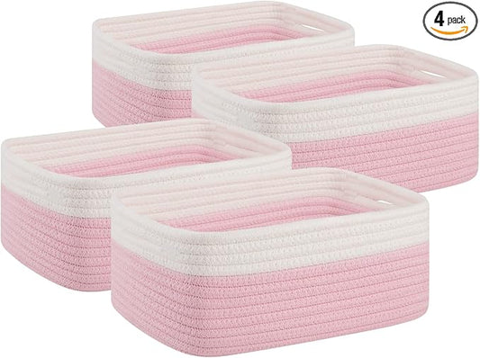 OIAHOMY 4 Pack Storage Baskets for Organizing, Small Bins for Shelves, Cute Decorative Storage Bins, Organizer Baskets for Gifts Empty, 13''Lx8.7''Wx5.1''H, Pink/White