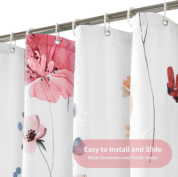 QiyI Extra Long Shower Curtain 72 x 84, Modern Watercolor Floral Bath Curtain, 3D Embossed Texture Peach Pink Flower Cloth Bathroom Curtains, Waterproof Fabric Farmhouse Shower Curtain Set with Hooks