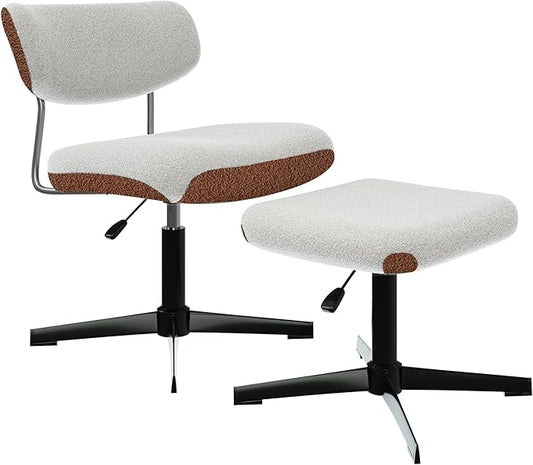 Swivel Criss Cross Chair, Accent Chair with Ottoman Set, Modern Armless Chair with Ergonomic Backrest, Comfy Chair with Boucle Upholstered Seat, No Wheels, White & Brown