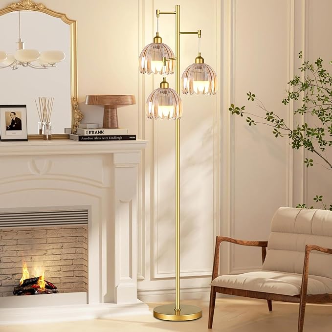 Modern Floor Lamp for Living Room Bedroom-3 Light Gold Floor Lamp with Glass Lampshape, Flower Tall Lamp Glass Standing Lamp Tree Floor Lamps for Living Room Bedroom,Corner