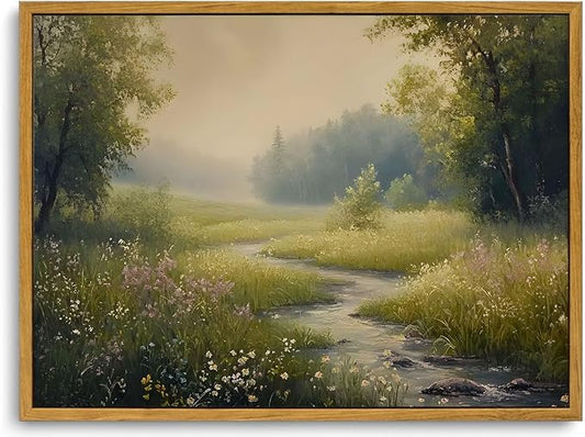 KISSFOX Vintage Landscape Canvas Wall Art Spring Nature Meadow Stream Wildflowers Tree Framed Wall Art Farmhouse Cottagecore Art Prints Artwork For Living Room Bedroom Kitchen