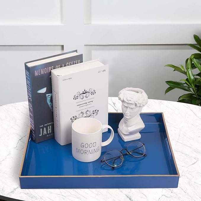 MAONAME Royal Blue Serving Tray with Handles, Rectangular Decorative Tray, Modern Coffee Table Trays, Plastic Ottoman Trays for Bathroom, Decor, 15.7” x 11.8” x 1.57"