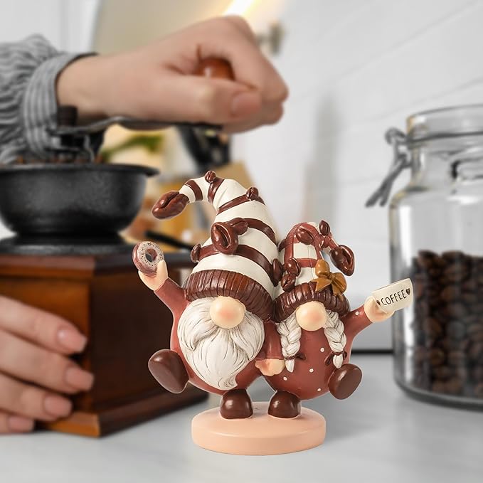 Coffee Gnomes Figurines Coffee Bar Station Decor, 5.2" Resin Gnomes Decorations for Home, Cute Small Indoor Accessories Tiered Tray Kitchen Table Desk Shelf Fall Gifts