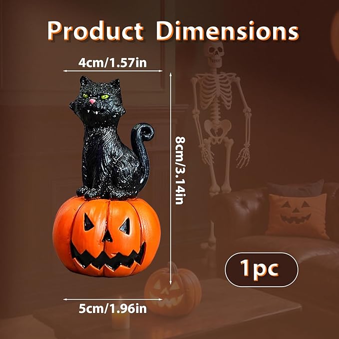 Halloween Decor Mini Resin Pumpkin Cat Figurine - Cute Desktop Decor for Home, Office, Mantle, Shelf Sitter Decorations Gift
