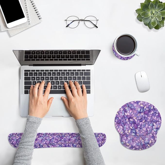 Britimes Purple Leaves Oil Painting Mouse Pad 3pcs Set with Wrist Support Non-Slip Rubber Base Ergonomic Pad,Mouse Wrist Cushion Support and Coasters for Home Office Gaming Easy Typing & Pain Relief