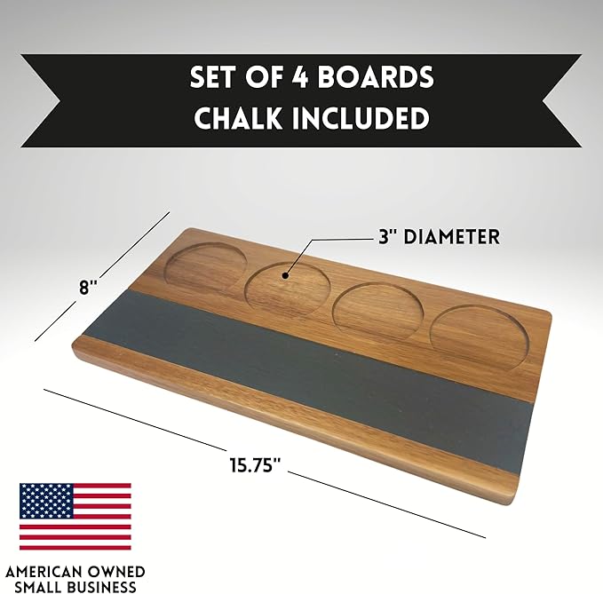 Wooden Flight Board Set – Wine, Beer, Whiskey, Mimosa, and Cocktail Tasting Tray – Acacia Wood Serving Board with Slate Chalkboard – Home Bar & Entertaining Gift (Set of 4, 16x8 inches)