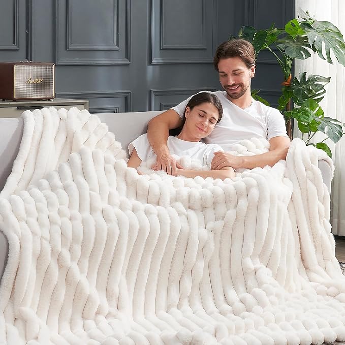 Cozy Bliss Faux Fur Throw Blanket for Couch, Cozy Warm Plush Striped Blanket for Sofa Bedroom Living Room, 108 * 90 Inches Cream White