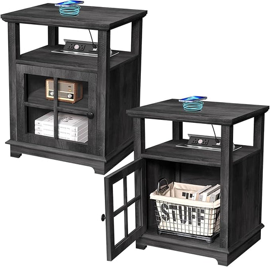 HIFYOBRO End Table with Charging Station, Adjustable Shelf & Storage, Modern Farmhouse Nightstand for Bedroom, Living Room, Office