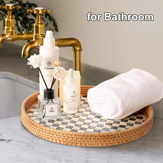 Round Rattan Tray with Mother of Pearl Inlay, Rattan Serving Tray for Coffee, Bread, Fruits, Decorative Wicker Tray for Table Decor, Home Decor, Kitchen Island Decor(Black Checkerboard, 11.8")