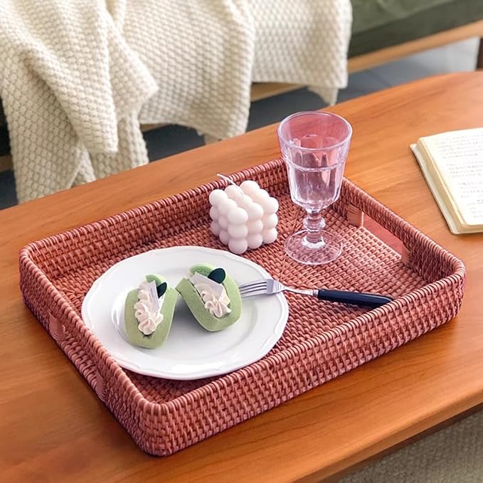 i-lan 17 Inch Oversize Handwoven Dark Brown Rattan Rectangular Serving Tray with Cutout Handles, 2.3” High Wall Decorative Woven Rattan Storage Baskets Organizer Platter for Bread, Fruits