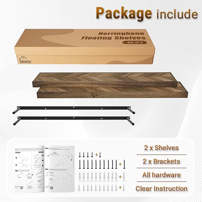 48" Rustic Farmhouse Floating Shelves – Set of 2 Acacia Wood Shelves for Stylish Wall Decor in Kitchen, Bathroom, Unique Chevron Pattern, Dark Walnut Color, 48x8x1.5 Inches - Set of 2 - DIY