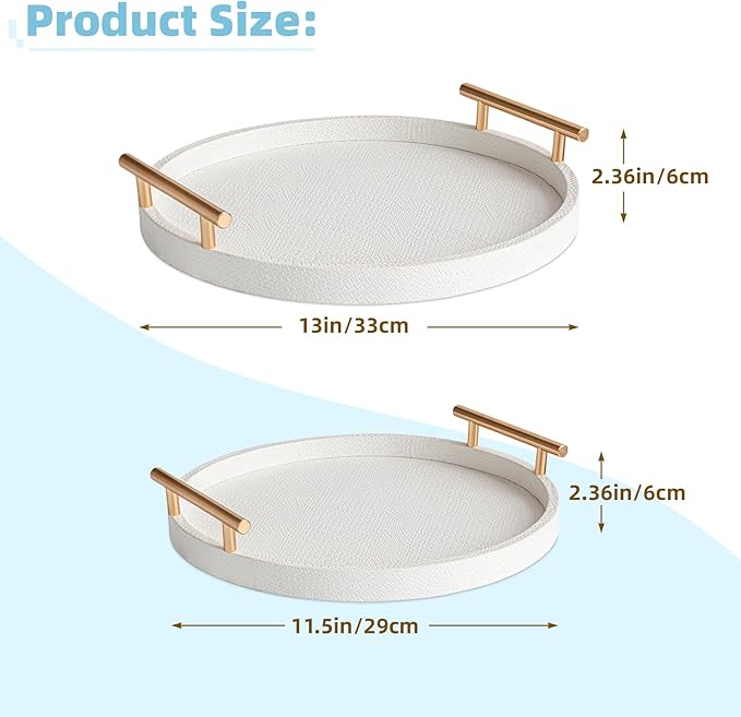 2 Piece White Round Serving Tray with Handles, Woven-Texture Faux Leather Ottoman Tray for Living Room, Decorative Tray for Coffee Table Home Decor