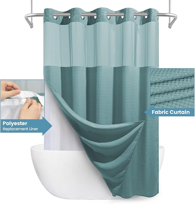Teal Long No Hook Shower Curtain with Snap in Liner,230GSM Waffle Weave Shower Curtains for Bathroom,71W x 86H