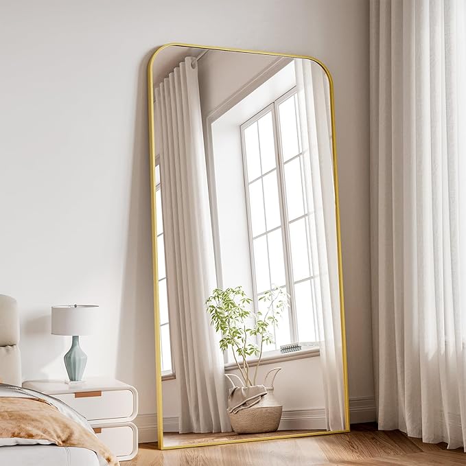 Koonmi Full Length Mirror, 76"x34" Mirror Full Length with Stand, Gold Domed Top Square-Edged Floor Mirror with Aluminum Alloy Frame for Bedroom Living Room