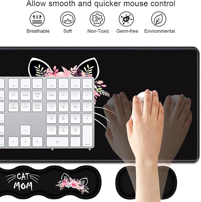 4 in 1 Ergonomic Keyboard Wrist Rest & Mouse Pad Wrist Rest Set, Large XXL Gaming Desk Mat 31.5"x 11.8" with Non-Slip Base, Memory Foam for Home Office Study Gaming, Cat Mom Floral