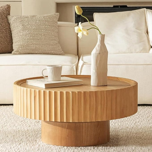Round Coffee Table, Modern Living Room Tables with Mushroom Shape and Grooved Design, Large Coffee Tables, Circle Pinewood Center Table for Living Room (Nature Wood, 31.8''L×13.7''H)