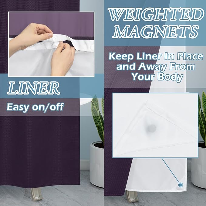 Purple Stall Hotel Style Shower Curtain with Snap in Liner - 230GSM Waffle Textured,Hotel Grade,Spa Like Bath Curtain,54W x 80H