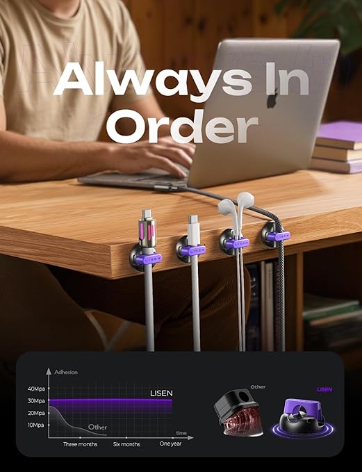 10-Pack Magnetic Cable Clips [1S Snap-On] Cord Holder, LISEN Office Desk Organizers and Accessories with 5 Extra Strong Adhesive Pads, Wire Organizer for Nightstand, Home, Wall, Car, Desktop, Purple