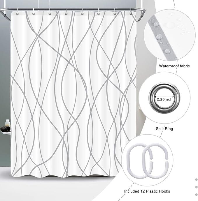 Punkray Grey and White Striped Polyester Shower Curtain for Bathroom with Hooks, Weighted Hem Water Repellent Washable, 60 x 72