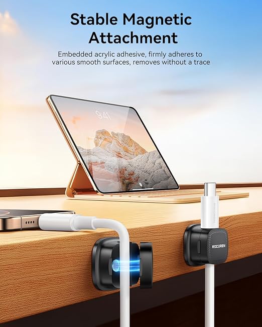 6 Pack Cable Management Cord Organizer,Magnetic Cable Clips-1s Lock,Rocoren Desk Adhesive Cord Cable Clip Wire Holder Keeper for Phone Charger Wire,Nightstand,Car,Office,Desktop Accessory,Black