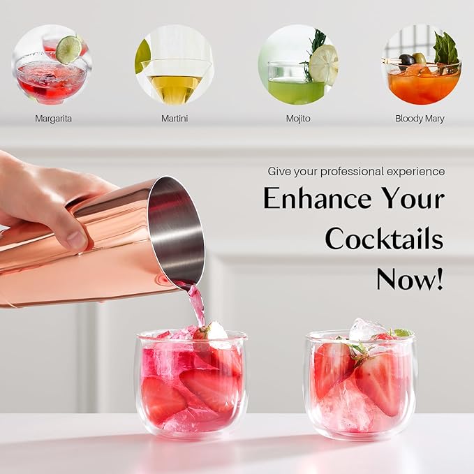 WOTOR Boston Cocktail Shaker Set, 18 oz & 28 oz Stainless Steel Weighted Shaker Tins, Metal Martini Shaker Drink Mixer for Bartending, professional Bar Tools for Bartender （Rosegold）