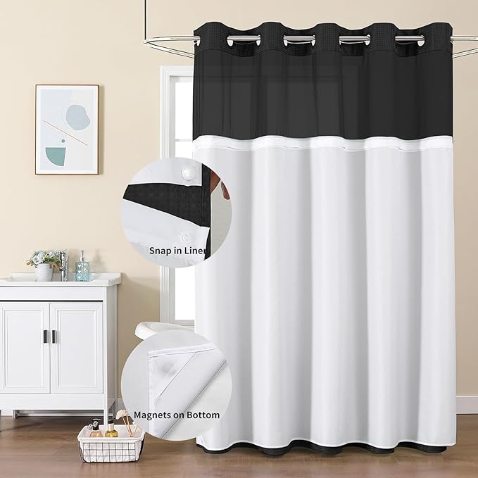 Colorful Star No Hook Waffle Shower Curtain with Snap in Fabric, Waterproof Shower Curtains with See Through Top Window, Hotel Luxury Heavy Duty Bathroom Curtain and Liner Set, 72'' x 75'', Black