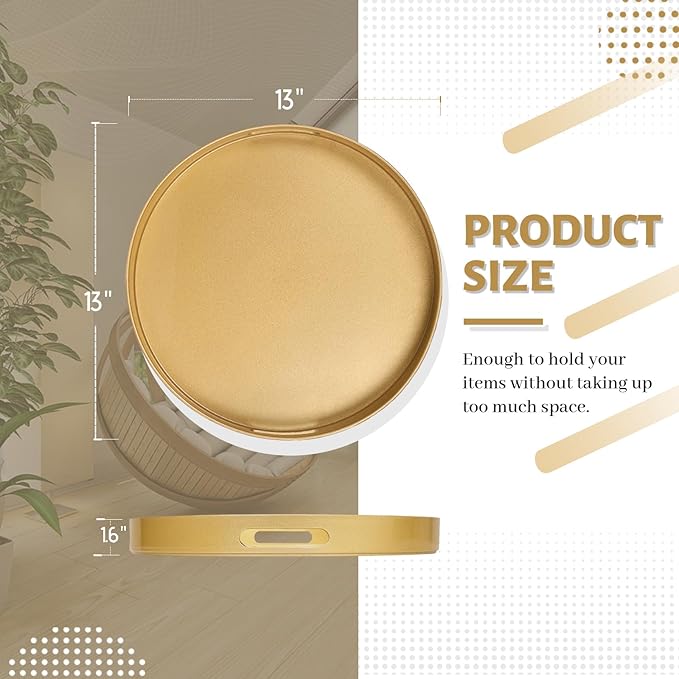 MAONAME 13" Gold Round Decorative Tray for Coffee Table, Modern Serving Tray with Handles, Plastic Ottoman Trays, Bathroom Decor