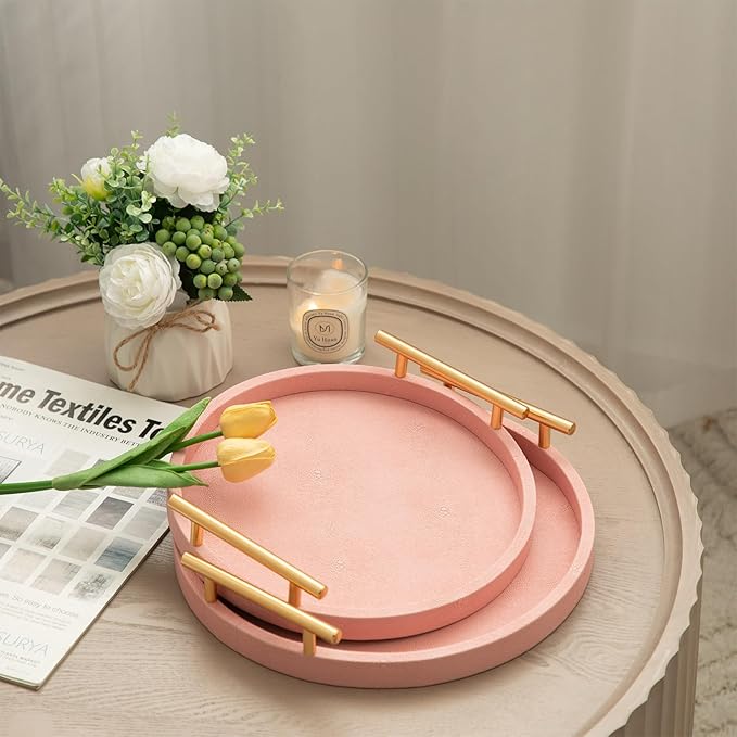 Modern Decorative Tray, Set of 2 Round Shagreen Serving Tray with Gold Polished Metal Handles, Coffee Table Ottoman Trays Perfume Trays Living Room Bathroom Home Decor (Pink)