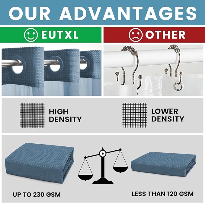 Moonlight Blue Long No Hook Shower Curtain with Snap in Liner,230GSM Waffle Weave Shower Curtains for Bathroom,71W x 86H