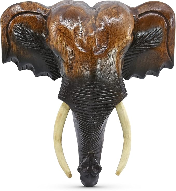 AeraVida Powerful Thai Elephant Head Trophy Mount Sculpture Hand Carved Wood Wall Art | Large Elephant Head Statue for Home Decor (Style2)