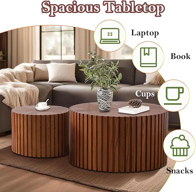 Handcraft Round Nesting Coffee Table - Chic Wave Stripe Edge, Modern Stylish Walnut Wooden Circle Fluted Center Table for Living Room (27.6in+19.7in)