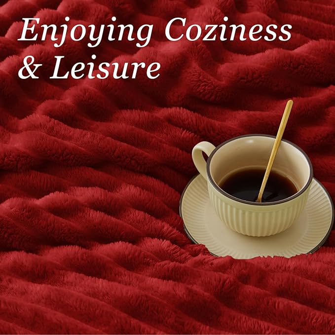BEDELITE Fleece Throw Blanket for Couch - 300GSM Soft & Warm Fluffy Burgundy Blanket, Decorative and Giftable Striped Blankets for Women, Men, 50"x60"