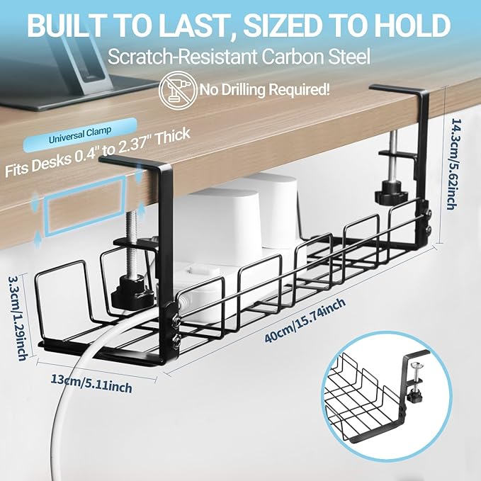 Under Desk Cable Management Tray, 15.7'' Metal Wire Organizer with Clamp, No Drill Desk Cord Rack for Cable Management, Computer Wire Organizer for Office and Home – Sturdy & Scratch-Free