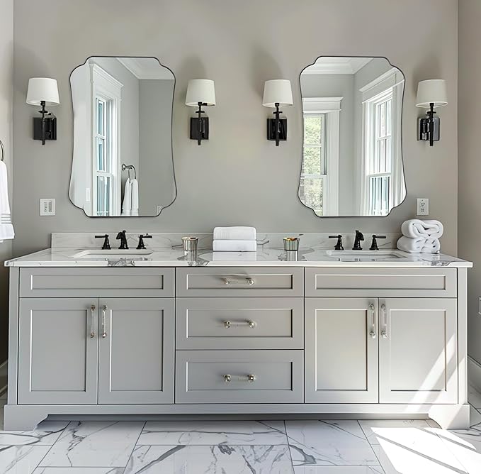 ANDY STAR Bathroom Vanity Mirror, 24x36 Matte Black Rectangle Mirror with Scalloped Round Corner, Vintage Asymmetrical Metal Wall Mirror for Entryway, Living Room