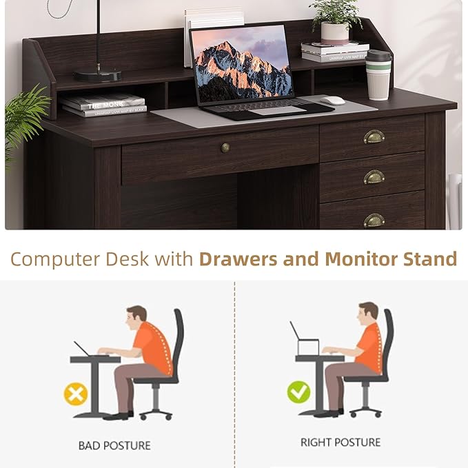 4 EVER WINNER Small Desk with Drawers, Office Desk with File Drawer and Monitor Stand, Writing Desk Study Table for Small Spaces, Espresso