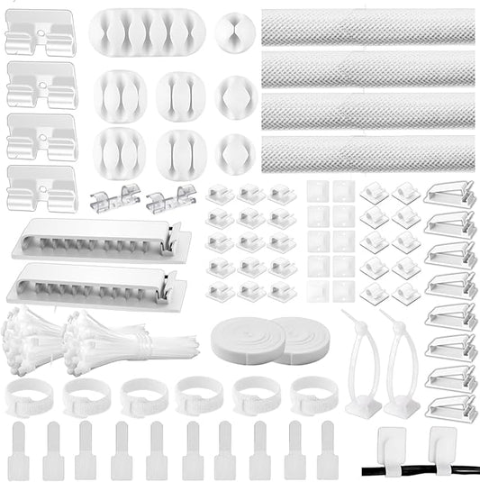 [313Pcs] Cable Management Kit, 67 Adhesive Cable Clips, Topavatop Desk Cord Organizer, 22 Reusable Cable Strap, 4 Cable Sleeve Split, 200 Nylon Cable Zip Ties with 20 Mounts for TV Office Home, White