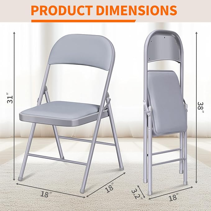 6 Pack Folding Chairs with Cushion – Padded Memory Foam Seating Gray Space-Saving Foldable Chairs for Indoor Outdoor Weddings, Parties, Backyard & Office Events (Gray, 6 Pack)