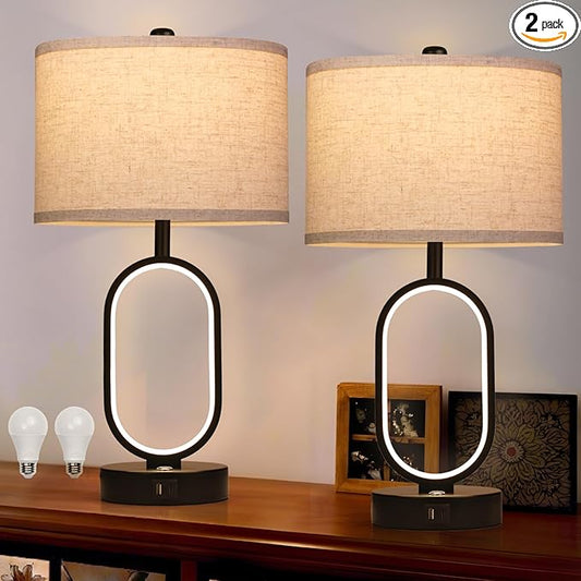 Farmhouse Table Lamps Set of 2, Built-in Dimmable Night Light Bedside Lamps, Table Lamps for Night Stands with USB Charging Ports, Bedroom Lamps for Nightstand, LED Bulbs Included