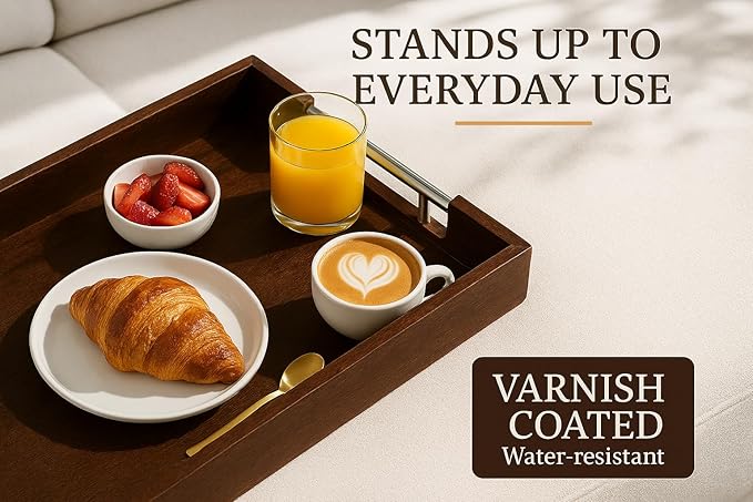 Serving Tray with Handles – 17 x 12 x 2 Inch Dark Brown Acacia Wood Ottoman Tray Table Decorative – Coffee Trays Wood Decor for Kitchen – Breakfast in Bed Trays with Silver Metal Handles