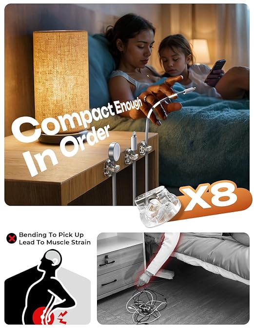 8-Pack Magnetic Cable Clips [1S Snap-On] Cord Holder, LISEN Desk Organizers and Accessories with 4 Extra Strong Adhesive Pads, Wire Organizer for Nightstand, Home, Wall, Car, Desktop,Transparent